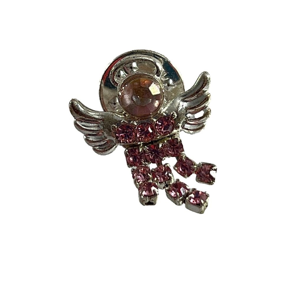 Vintage Avon Angel Silver Tone Tac Pin Brooch Dangle Pink Rhinestones Sparkle 1"